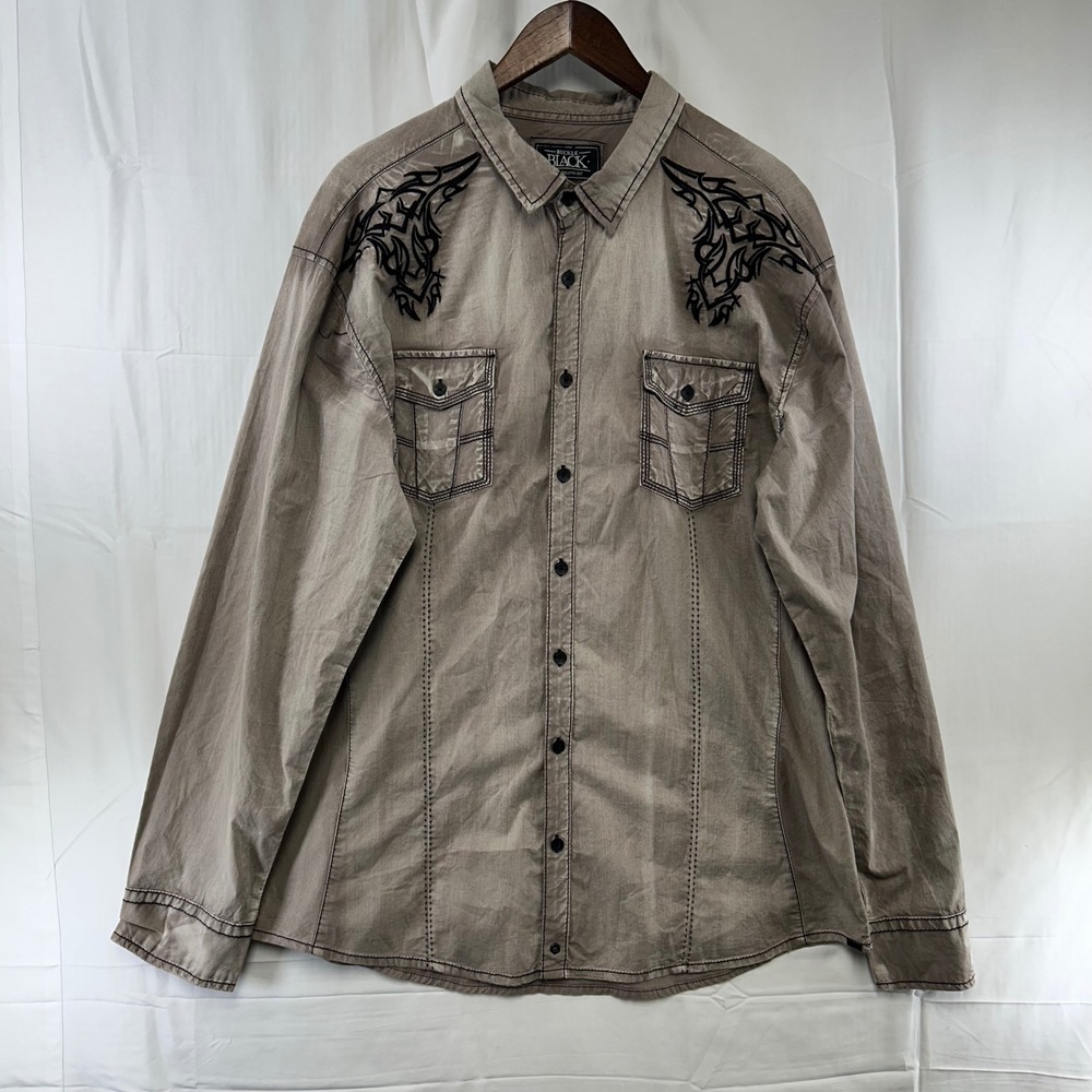 Buckle Black Button Up Shirt Mens XXL Gray Tribal Embroidery‎ Athletic Fit